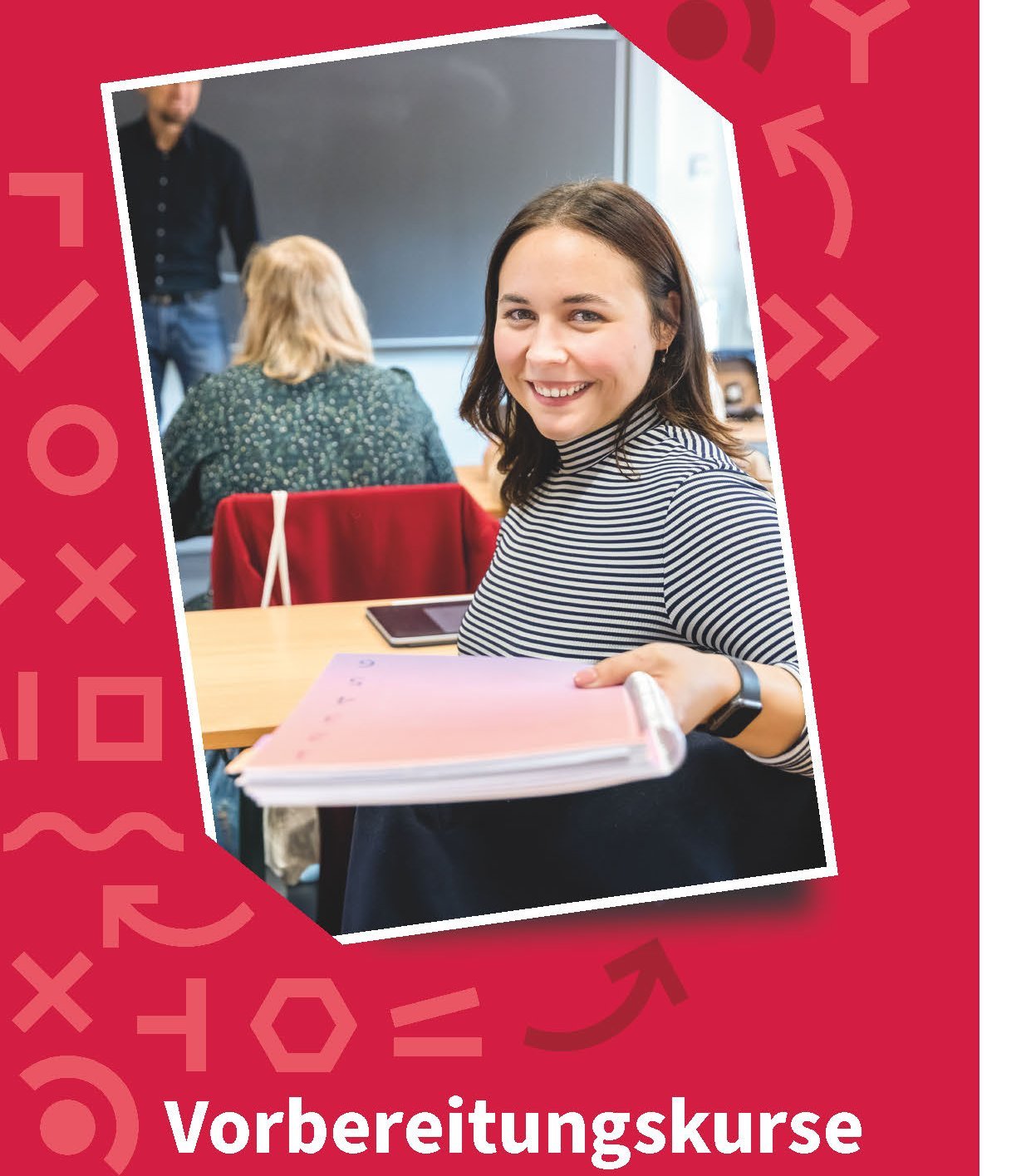 Flyer in rot. Auf der Titelseite ist eine Frau zu sehen, die sich umdreht.