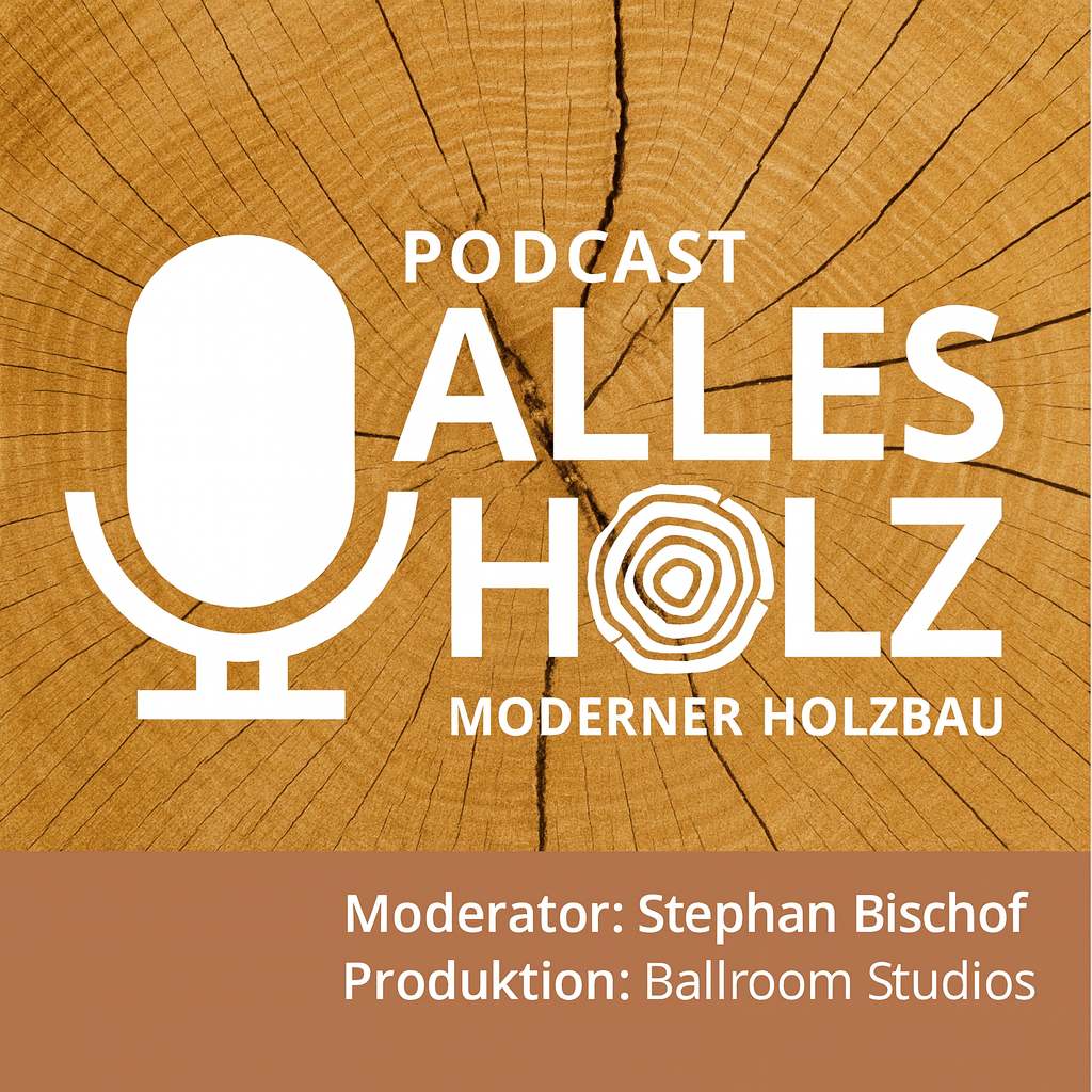 Auf diesem Bild sehen sie den Querschnitt eines Holzstammes, worauf ein Mikrofon abgebildet ist. Darauf steht "Podcast alles Holz!"